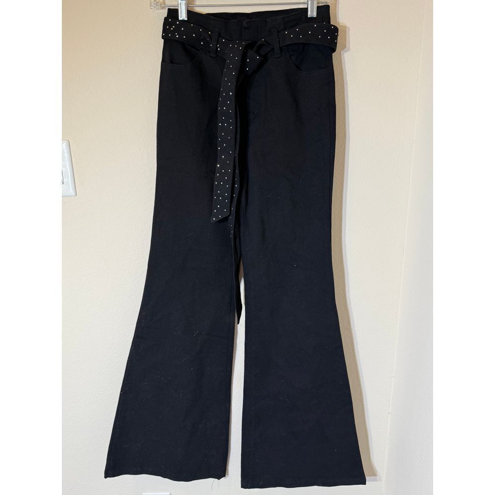 Flying Tomato Black Flare Denim Pants with Rhinestone‎ Polka Dot Tie Belt Ml